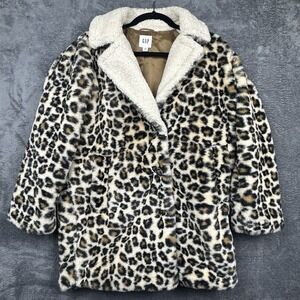 Gap Leopard Print Faux Fur Coat Jacket Women's Petite XS Sherpa Collar Beige EUC
